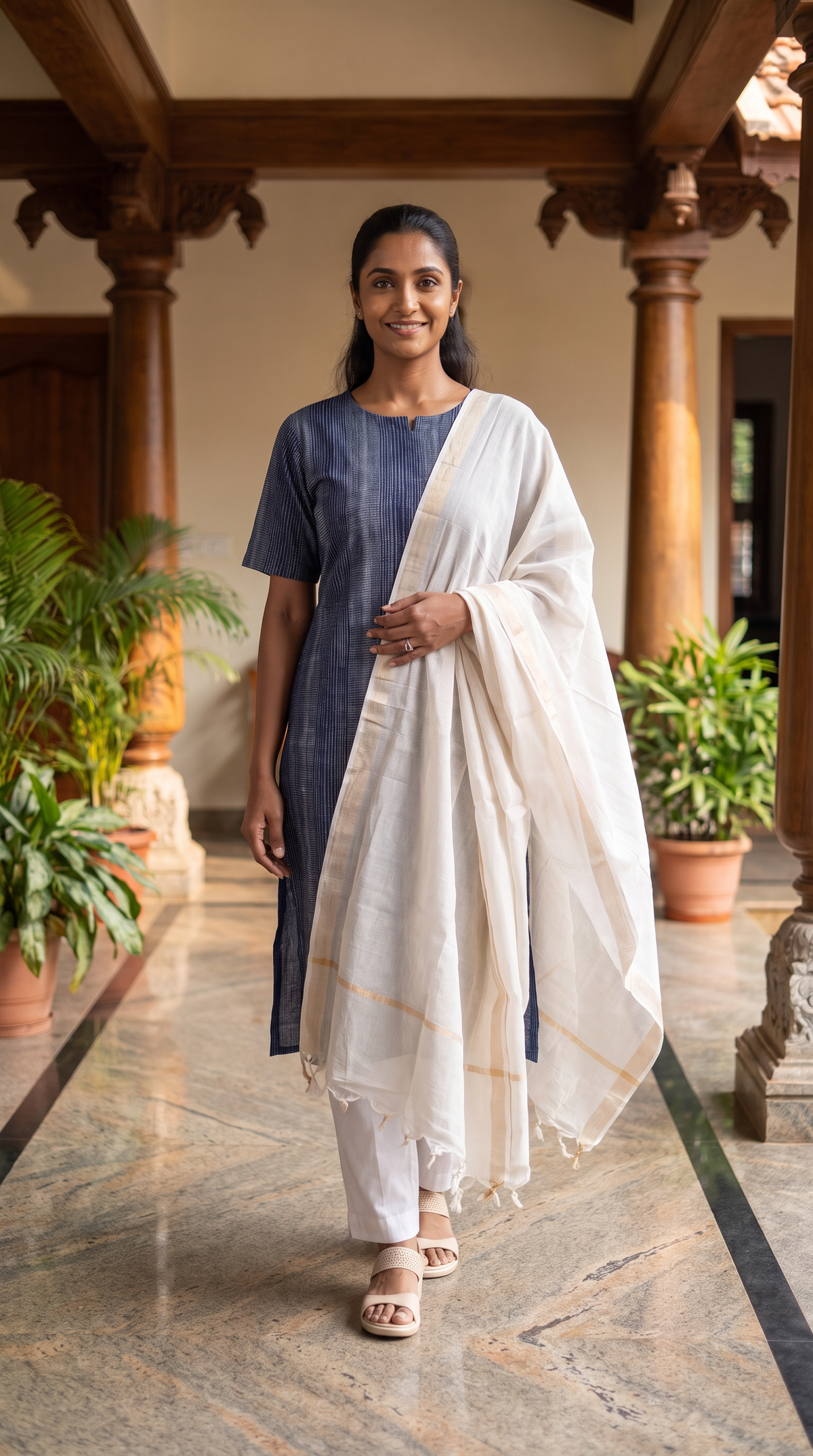 Navy Blue Textured Straight Kurta with Ivory Dupatta