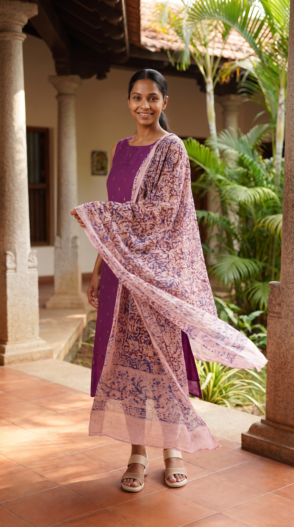 Purple Gold Motif Straight Kurta with Printed Dupatta