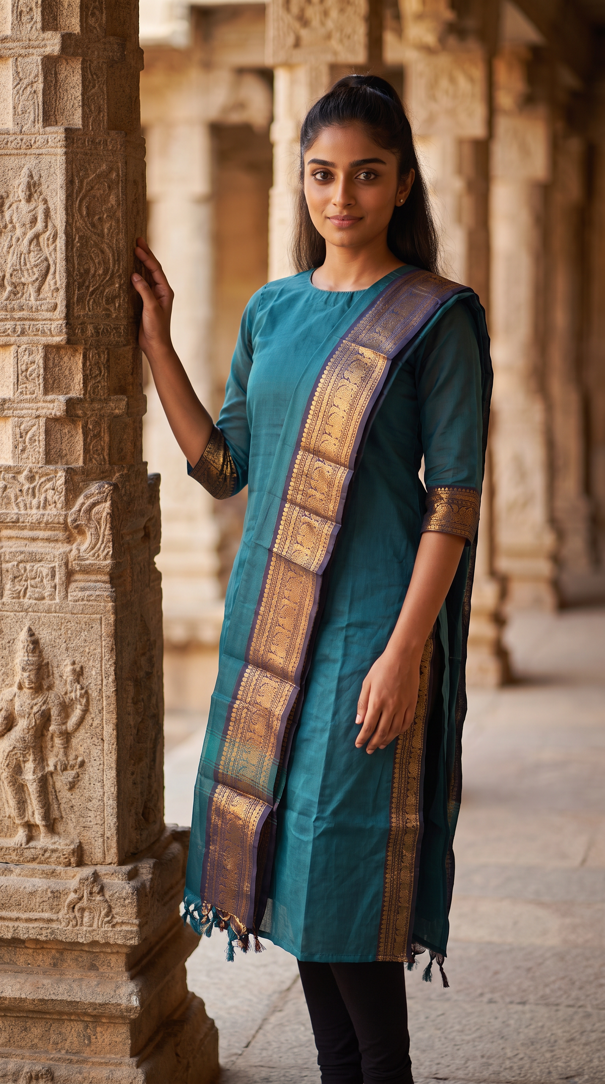 Teal Blue Straight Kurta with Gold Border Dupatta