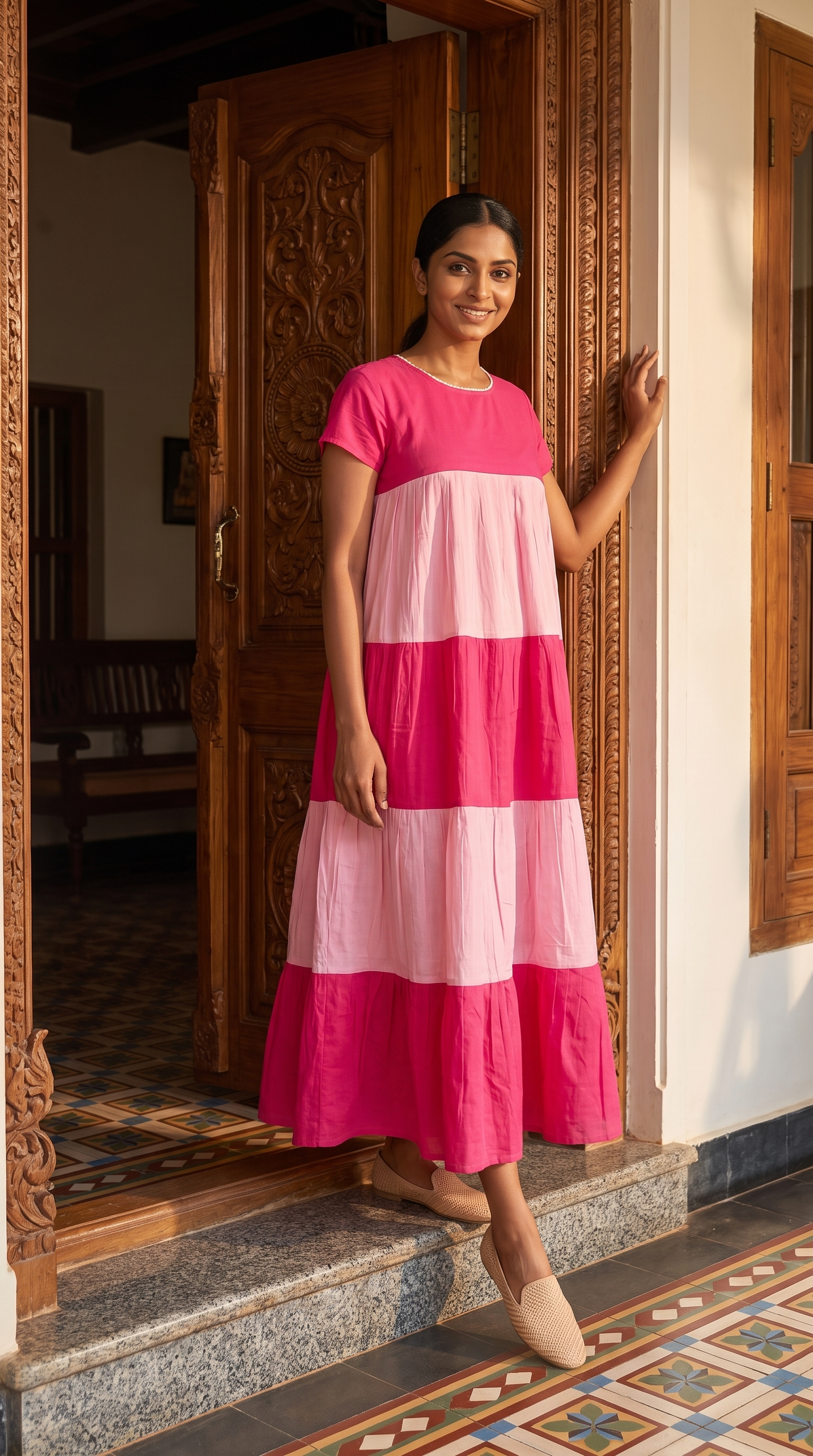 Pink Colour Block Tiered Maxi Dress