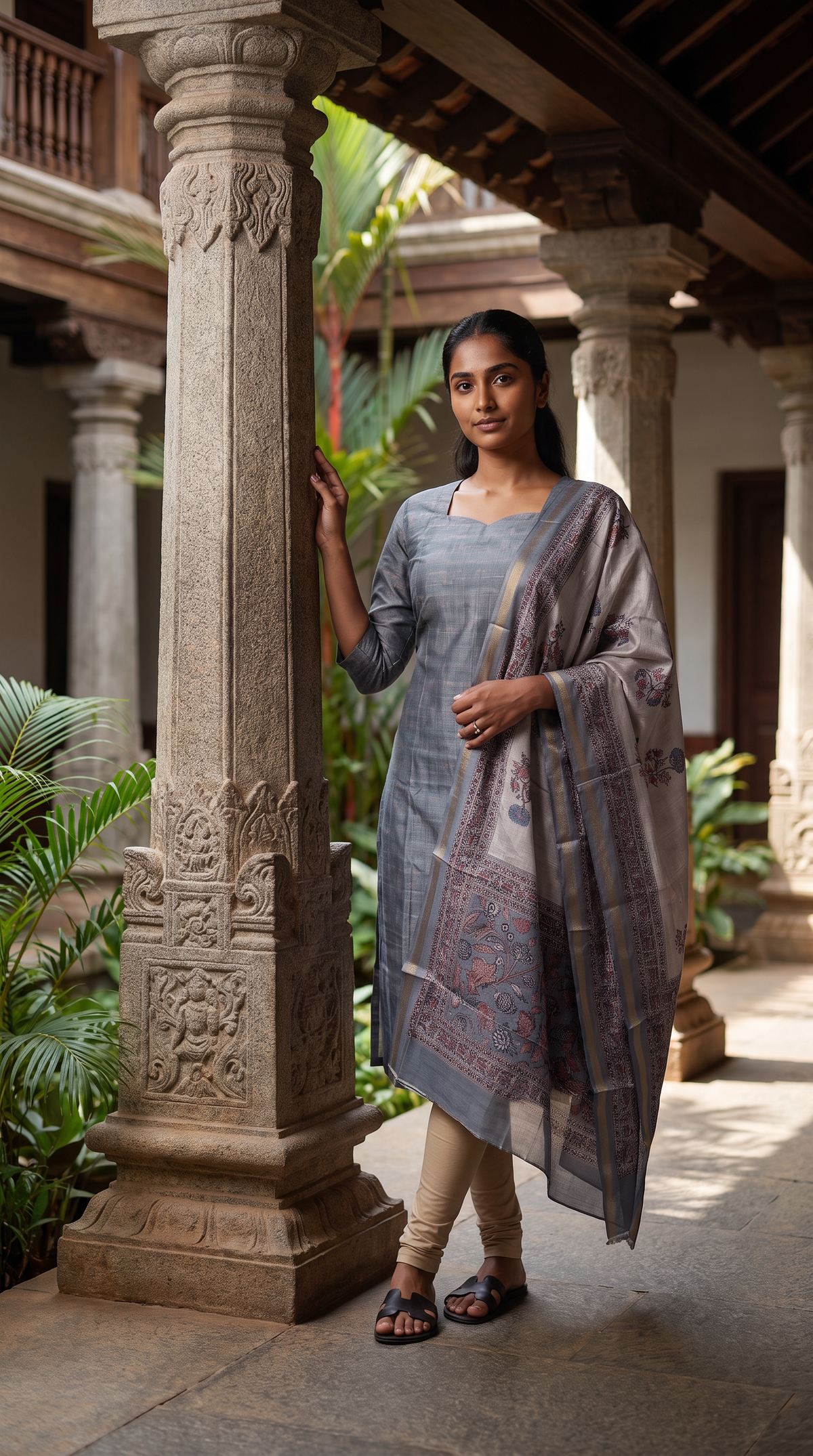 Slate Grey Straight Kurta with Printed Dupatta