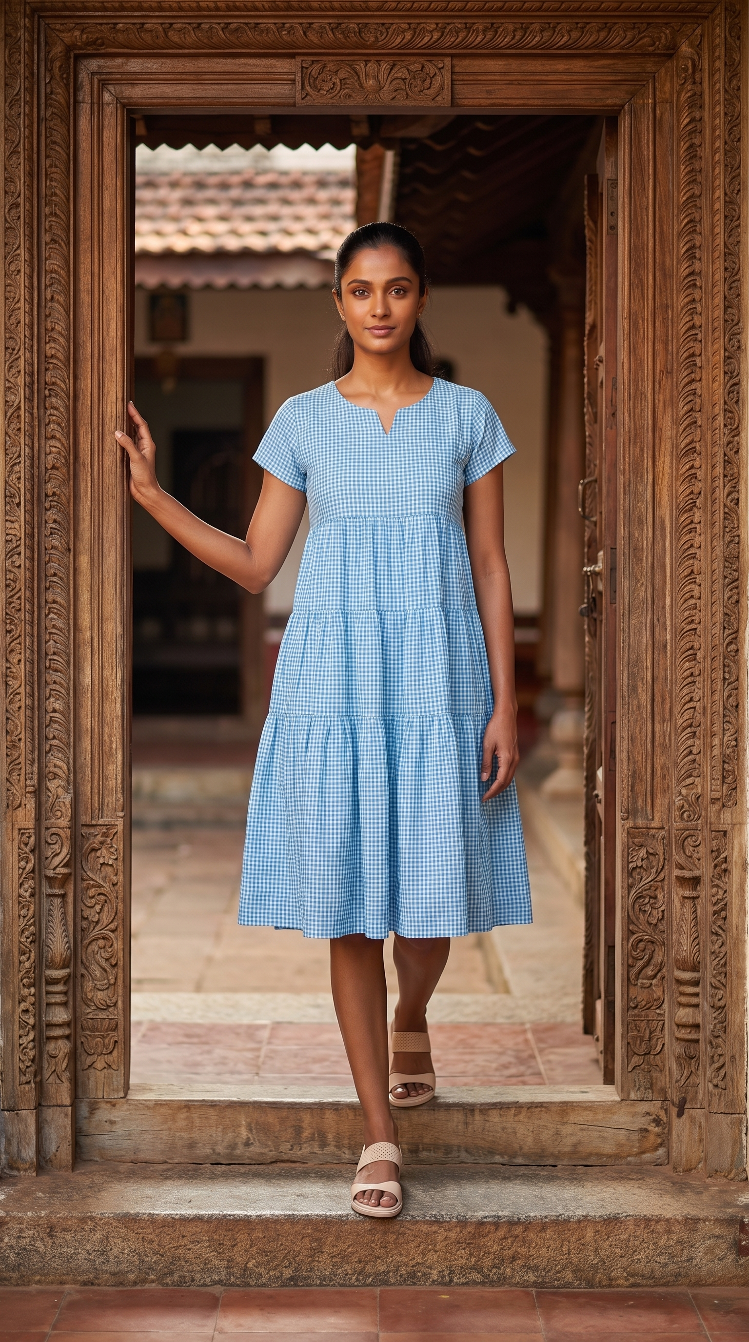 Sky Blue Gingham Tiered Casual Dress