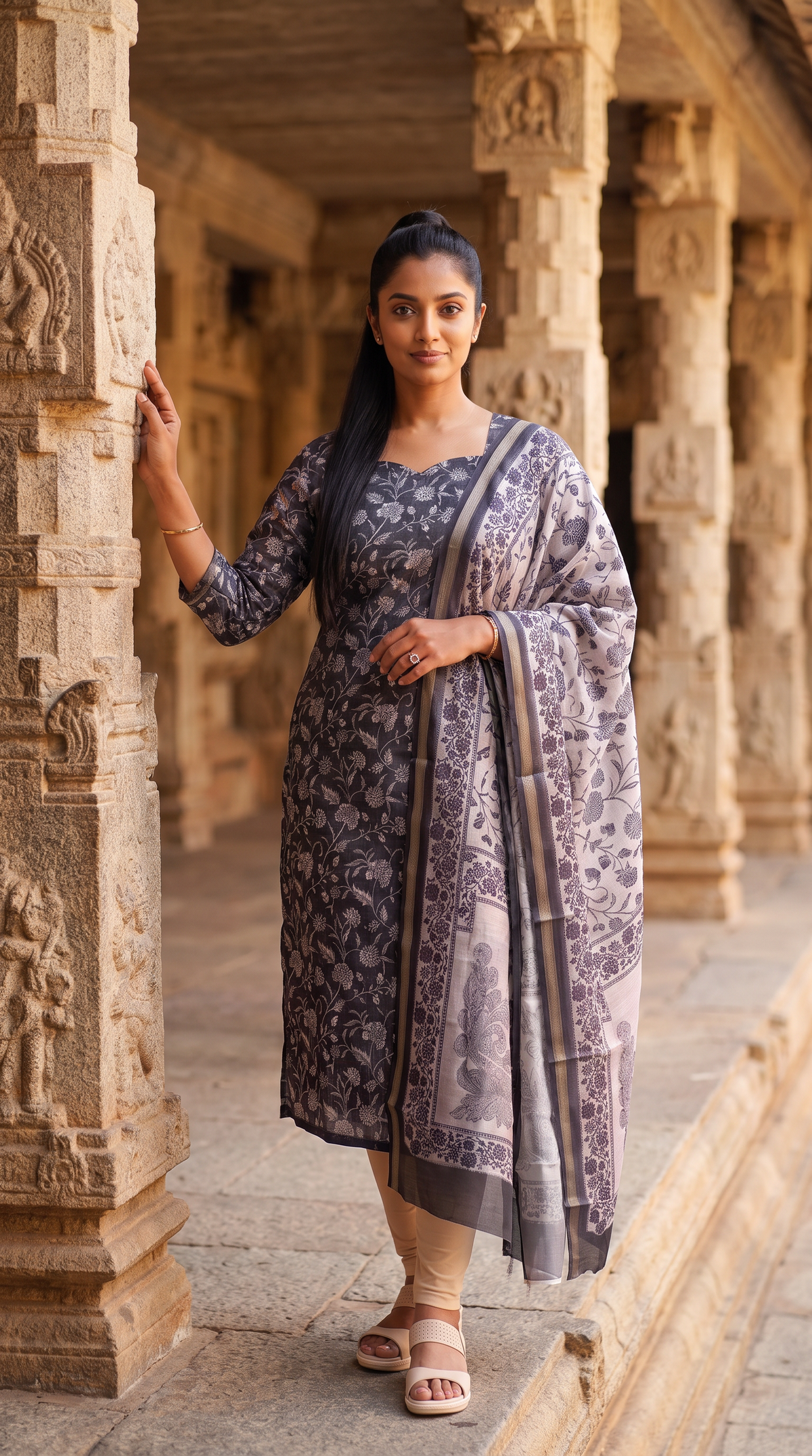 Charcoal Grey Floral Print Straight Kurta with Printed Dupatta