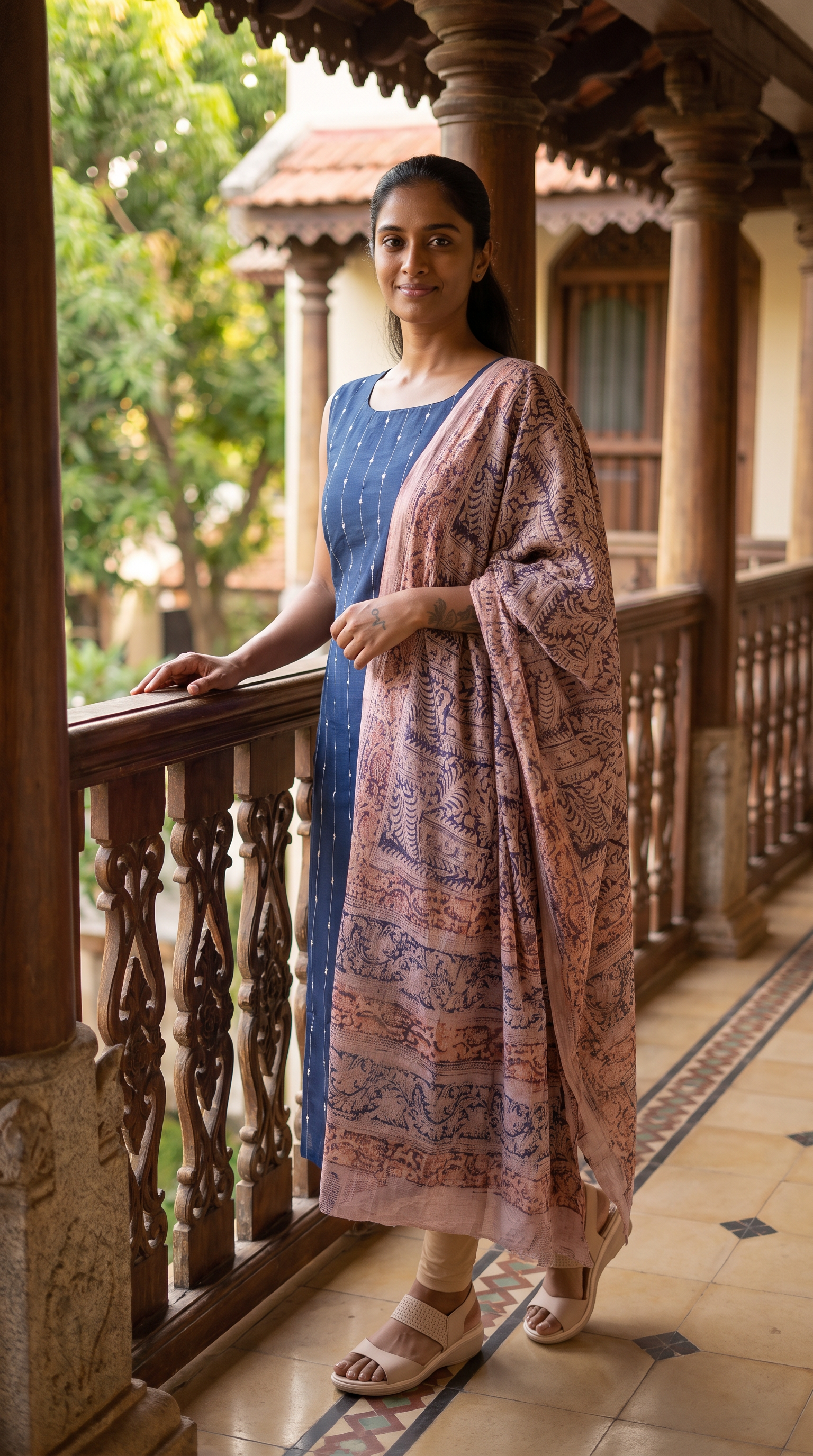 Navy Blue Straight Kurta with Printed Dupatta
