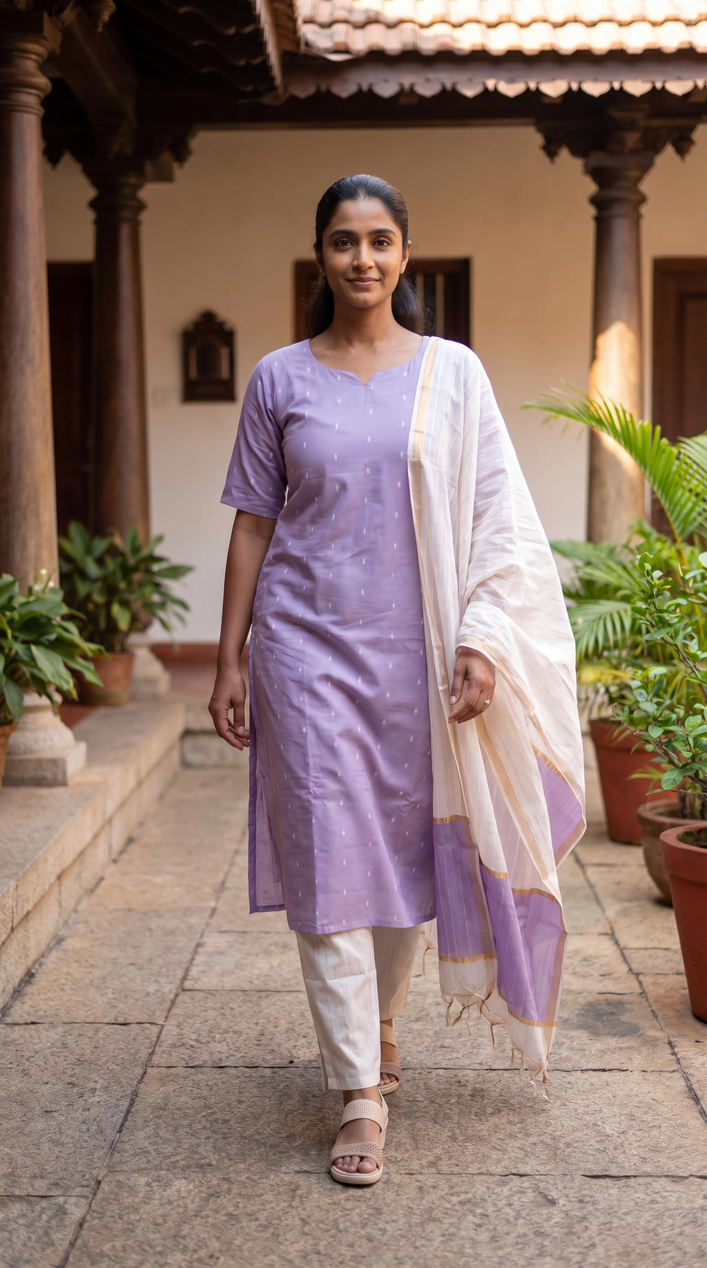 Lavender Straight Kurta Set with Ivory Dupatta