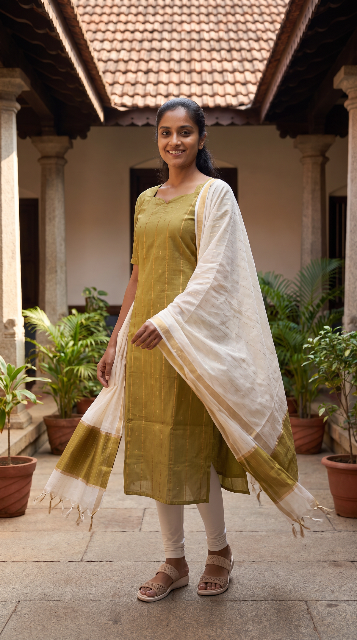 Olive Green Gold Stripe Straight Kurta with Ivory Dupatta