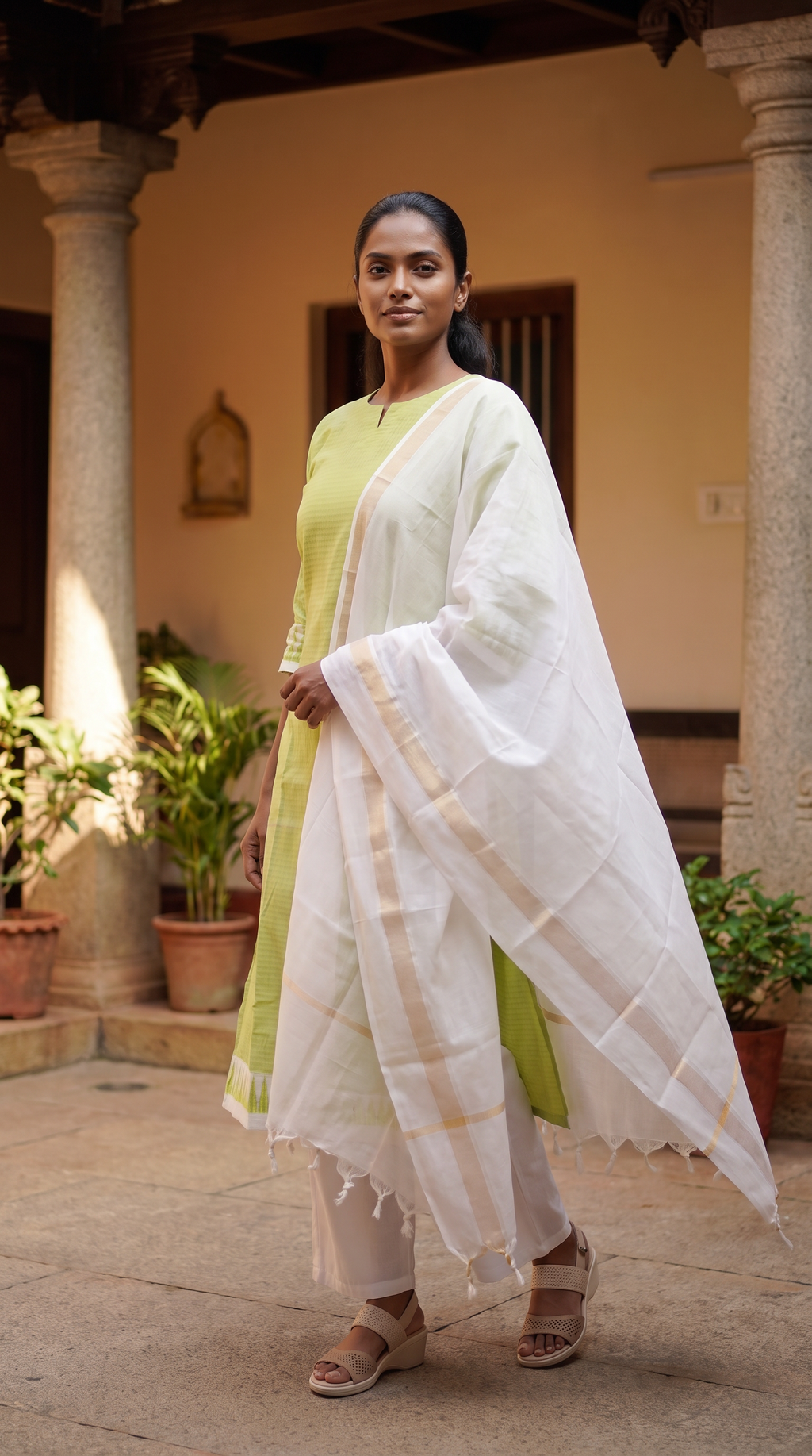 Lime Green Straight Kurta Set with Ivory Dupatta