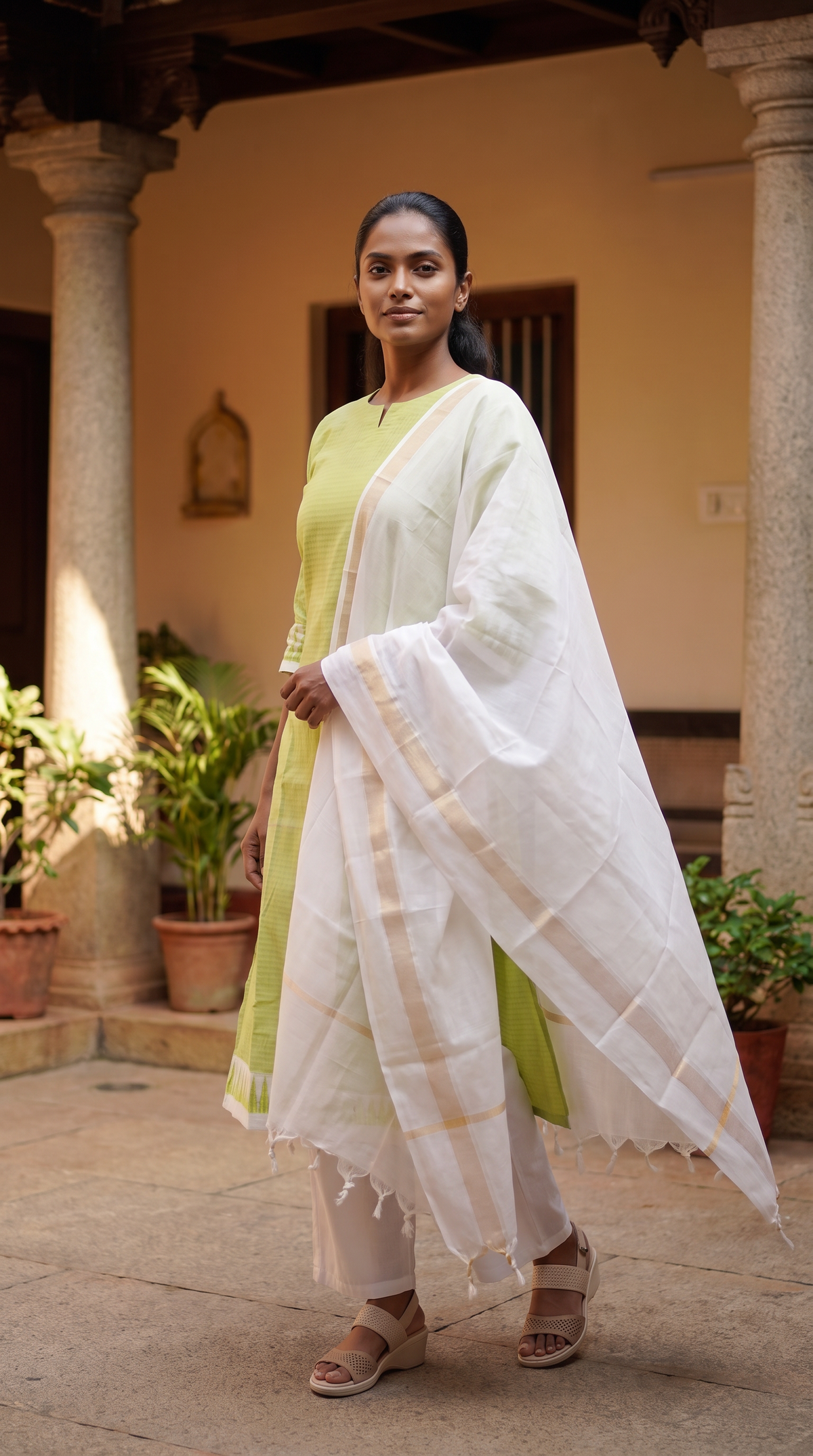 Lime Green Straight Kurta Set with Ivory Dupatta