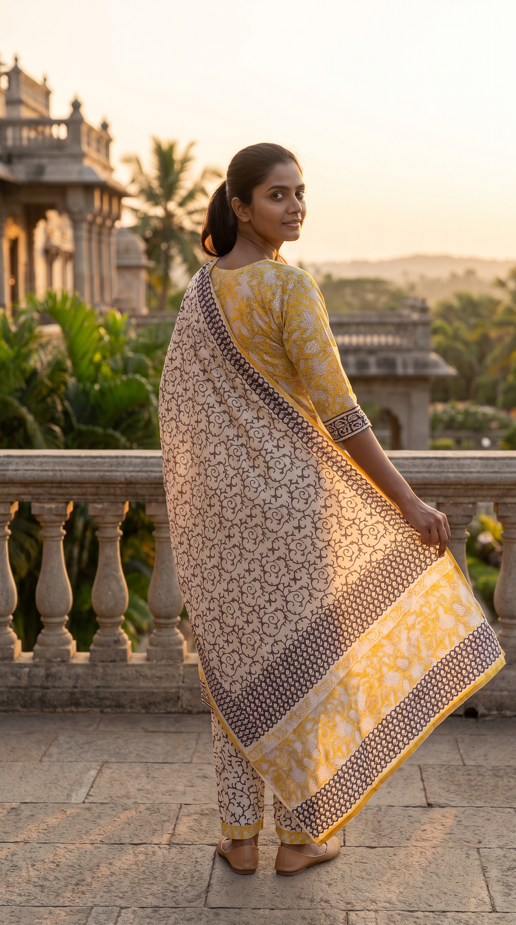 Mustard Yellow Floral Print Kurta Set with Printed Dupatta