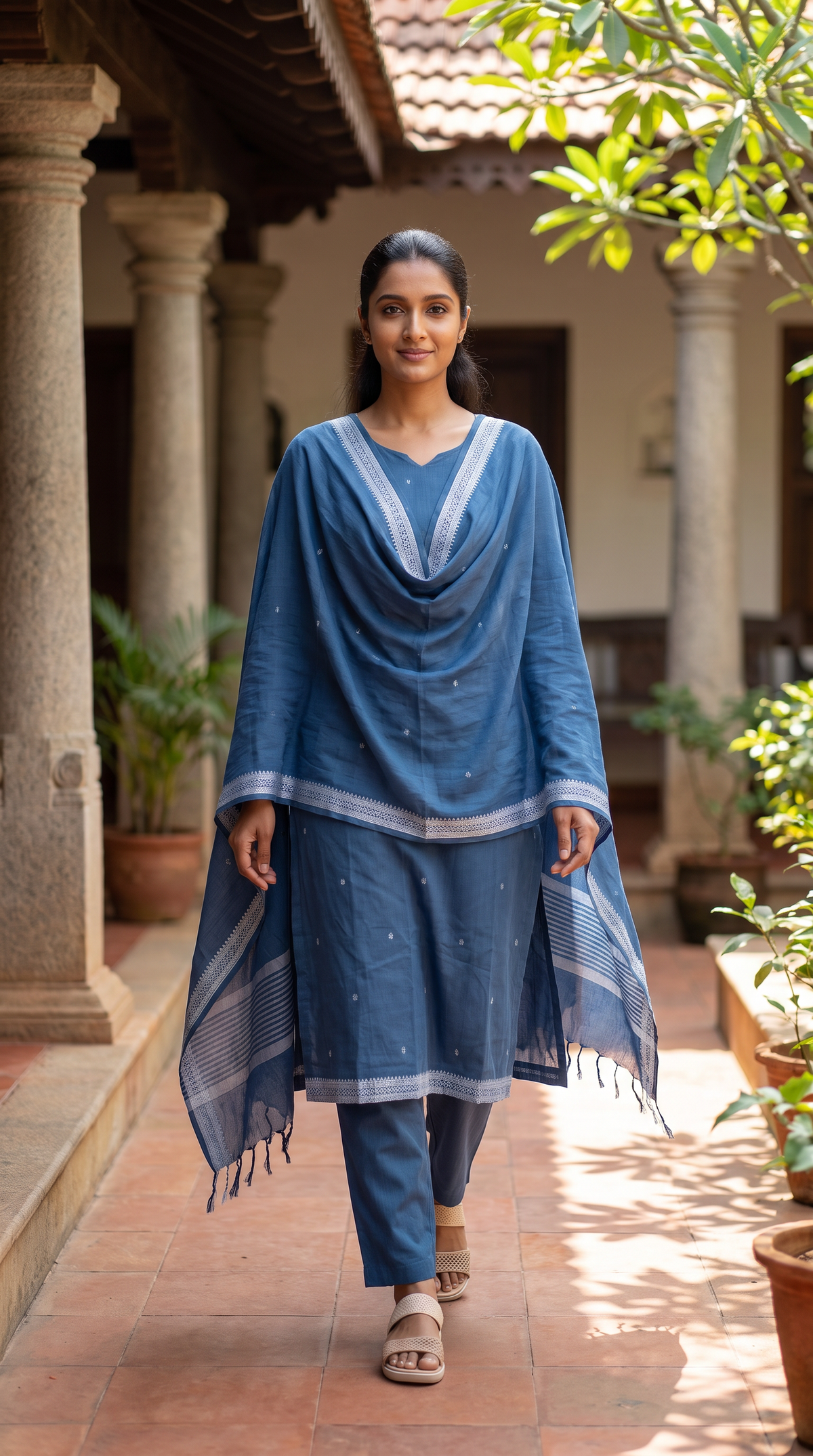 Slate Blue Embroidered Straight Kurta Set with Dupatta