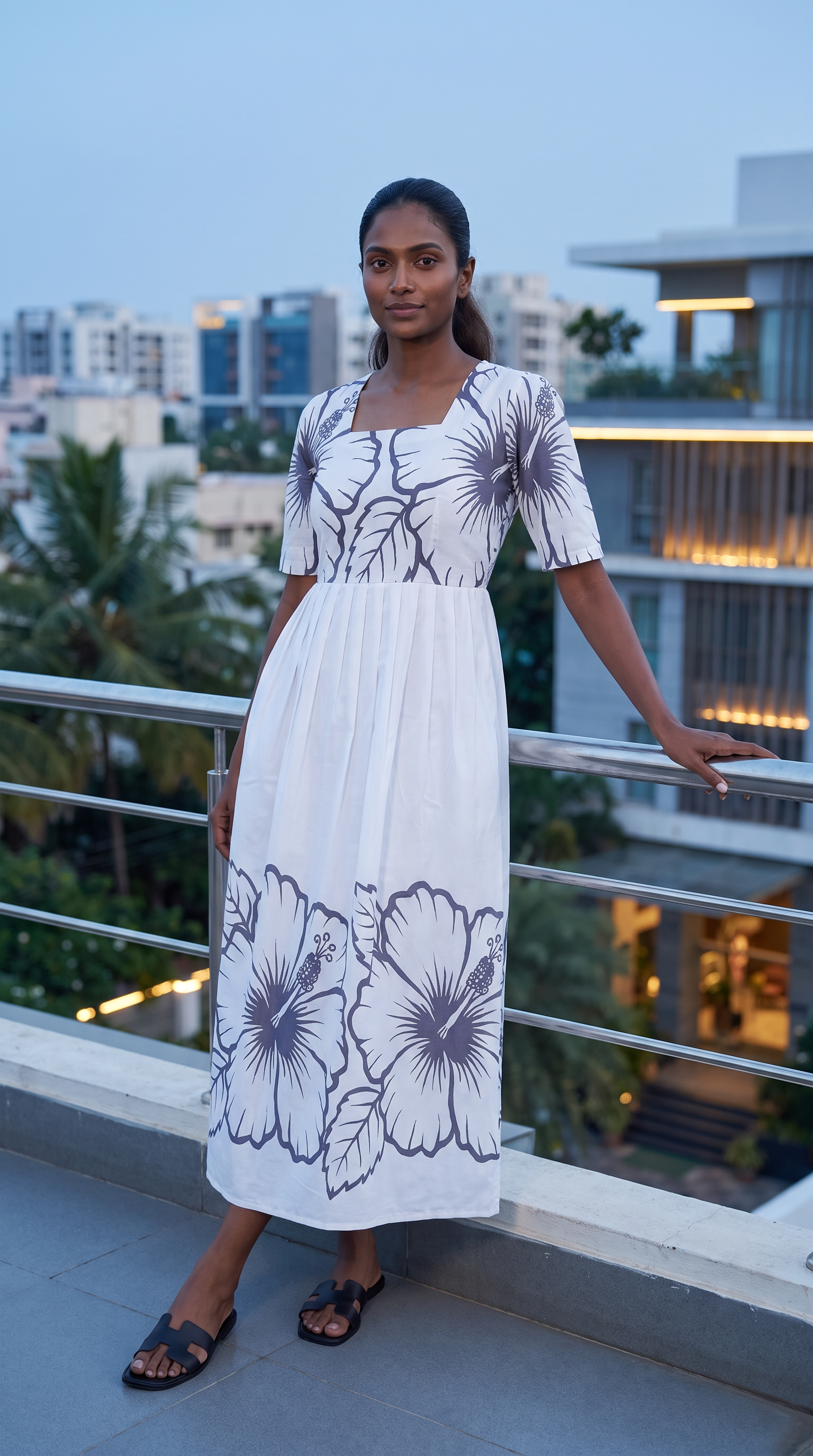 White &amp; Charcoal Floral Print Maxi Dress